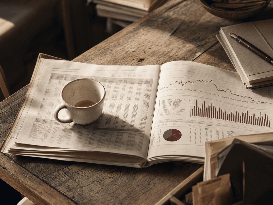 Une table de cuisine en bois usé, un journal ouvert sur une page de chiffres et de graphiques, une tasse de café à moitié vide posée dessus, lumière rasante de fin de matinée traversant une fenêtre hors champ.