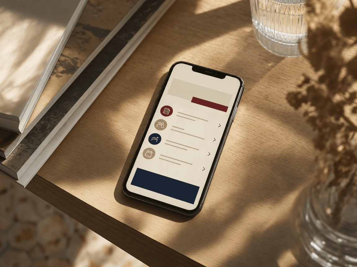 Un smartphone posé à plat sur une table en bois clair, écran allumé affichant une interface épurée aux couleurs institutionnelles, capté en légère plongée dans la lumière dorée d'une fin d'après-midi filtrant par une fenêtre hors champ.