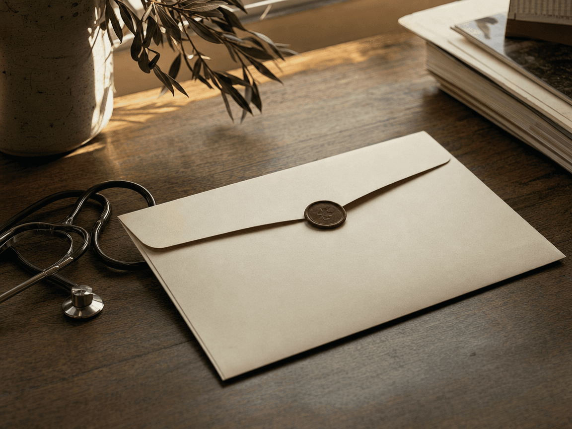 Une enveloppe médicale cachetée posée sur une table en bois, encore fermée, lumière rasante de fin d'après-midi.