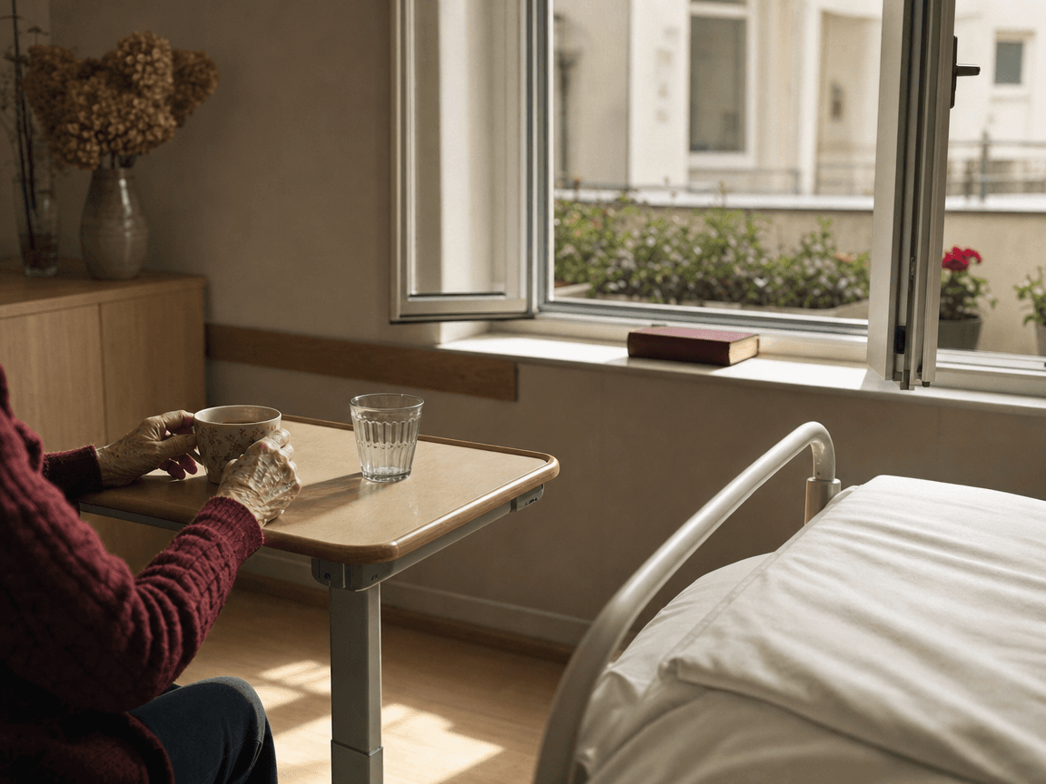 Une chambre sobre et lumineuse d'EHPAD public, fenêtre entrouverte sur une cour intérieure, un livre posé à plat sur le rebord, draps blancs tirés avec soin, lumière de fin de matinée rasant le parquet clair.