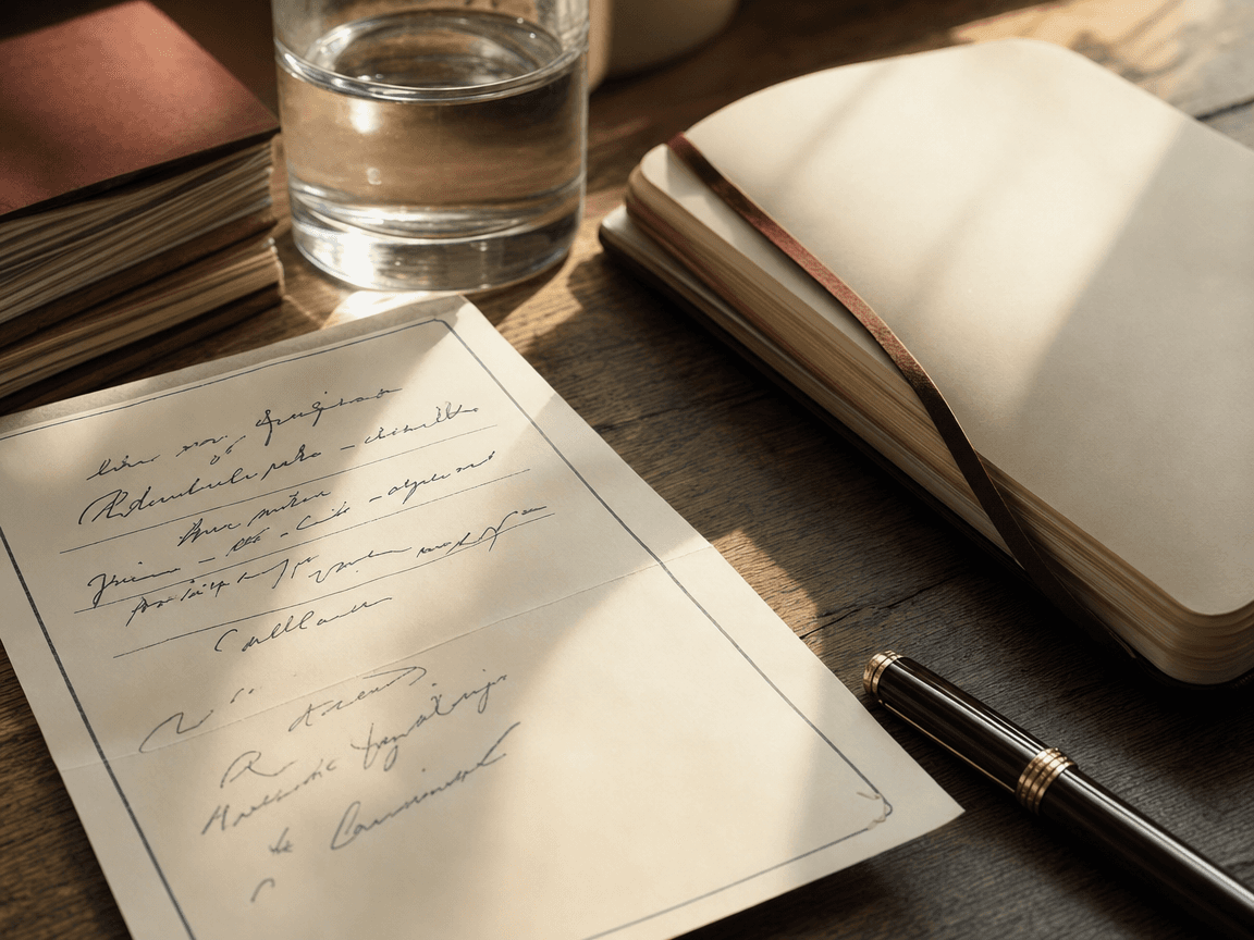 Une ordonnance manuscrite posée sur un bureau de bois, à côté d'un verre d'eau et d'un carnet ouvert aux pages vierges, baignés d'une lumière dorée de fin d'après-midi filtrant par une fenêtre hors champ.