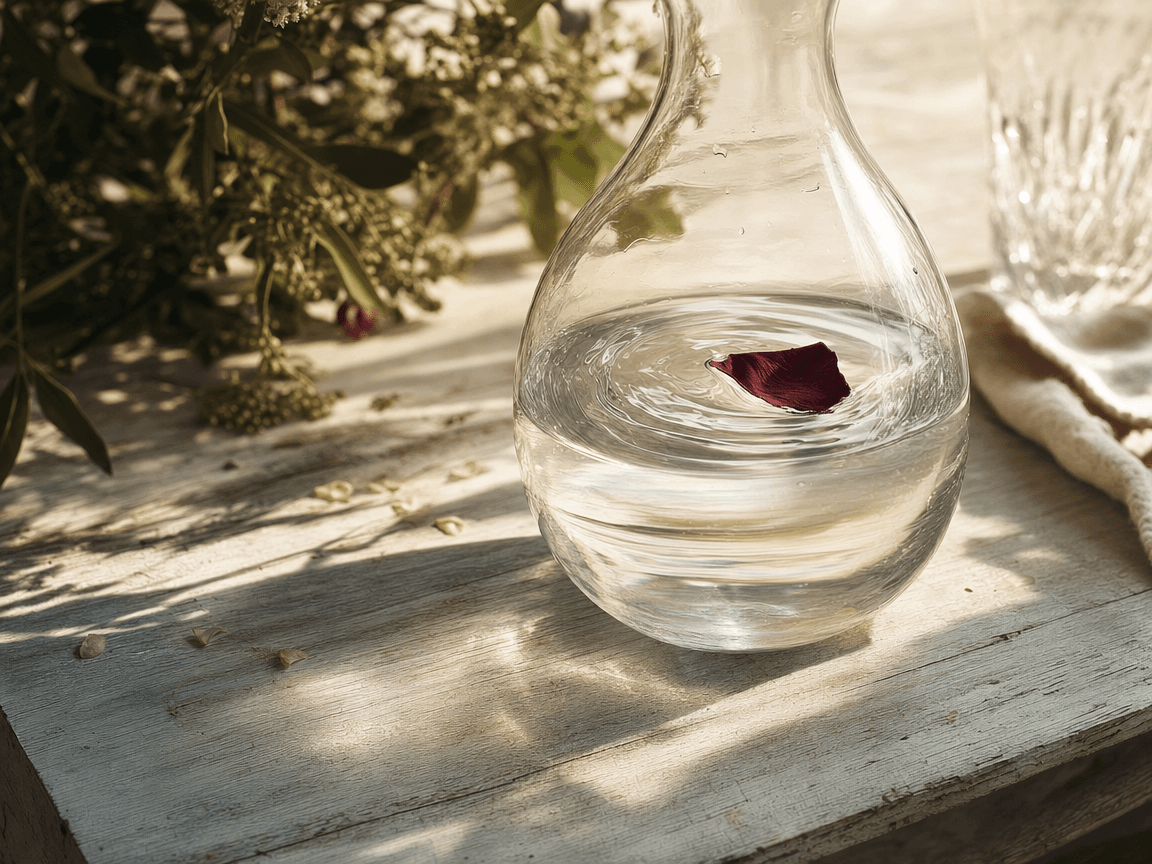Une carafe d'eau posée sur une table de jardin en bois blanchi, dans laquelle flotte un pétale tombé, photographiée en contre-jour de fin d'après-midi, la surface de l'eau légèrement troublée par un invisible mouvement.
