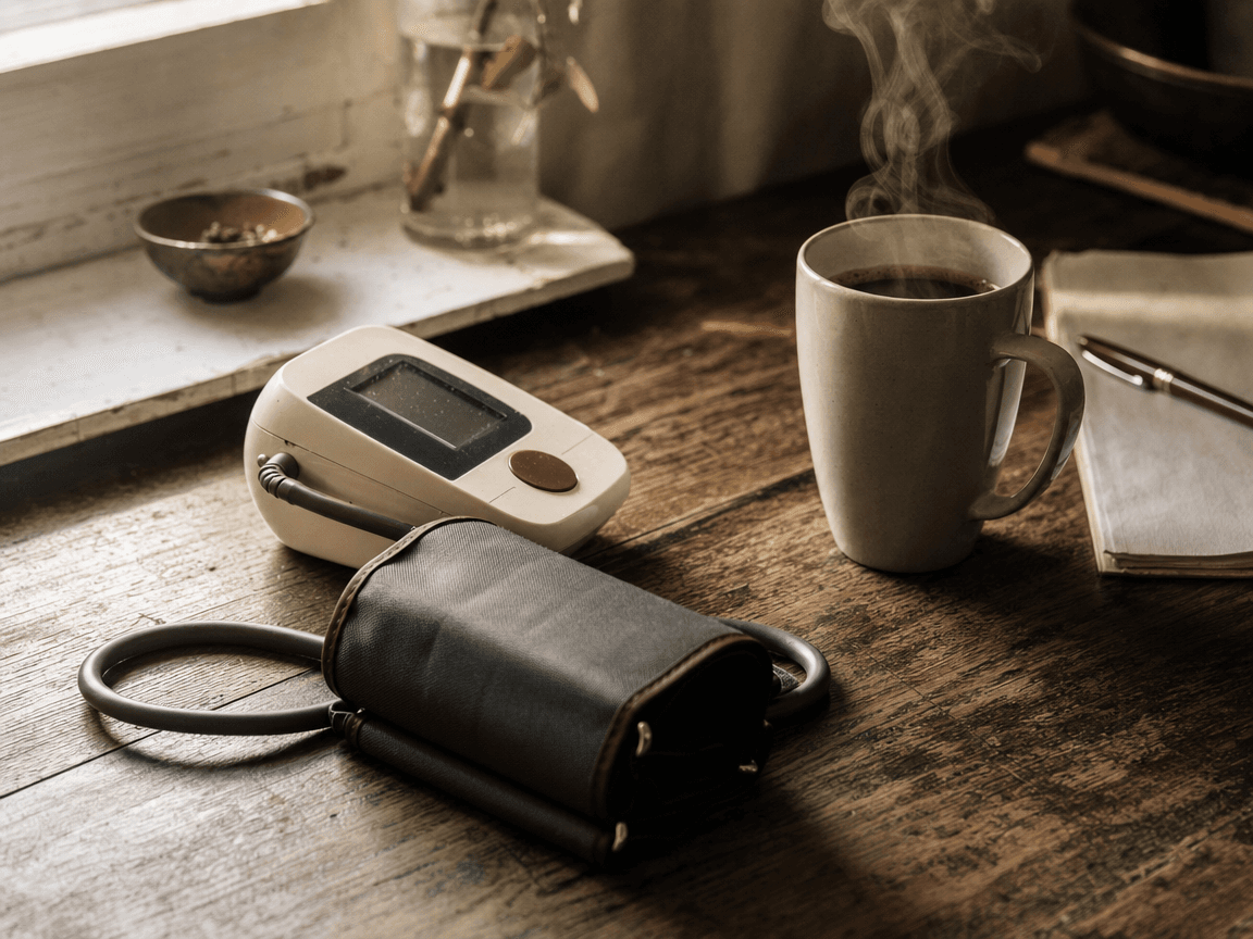 Un tensiomètre à brassard posé sur une table en bois usé, à côté d'une tasse de café encore fumante, dans la lumière oblique d'une fenêtre du matin.