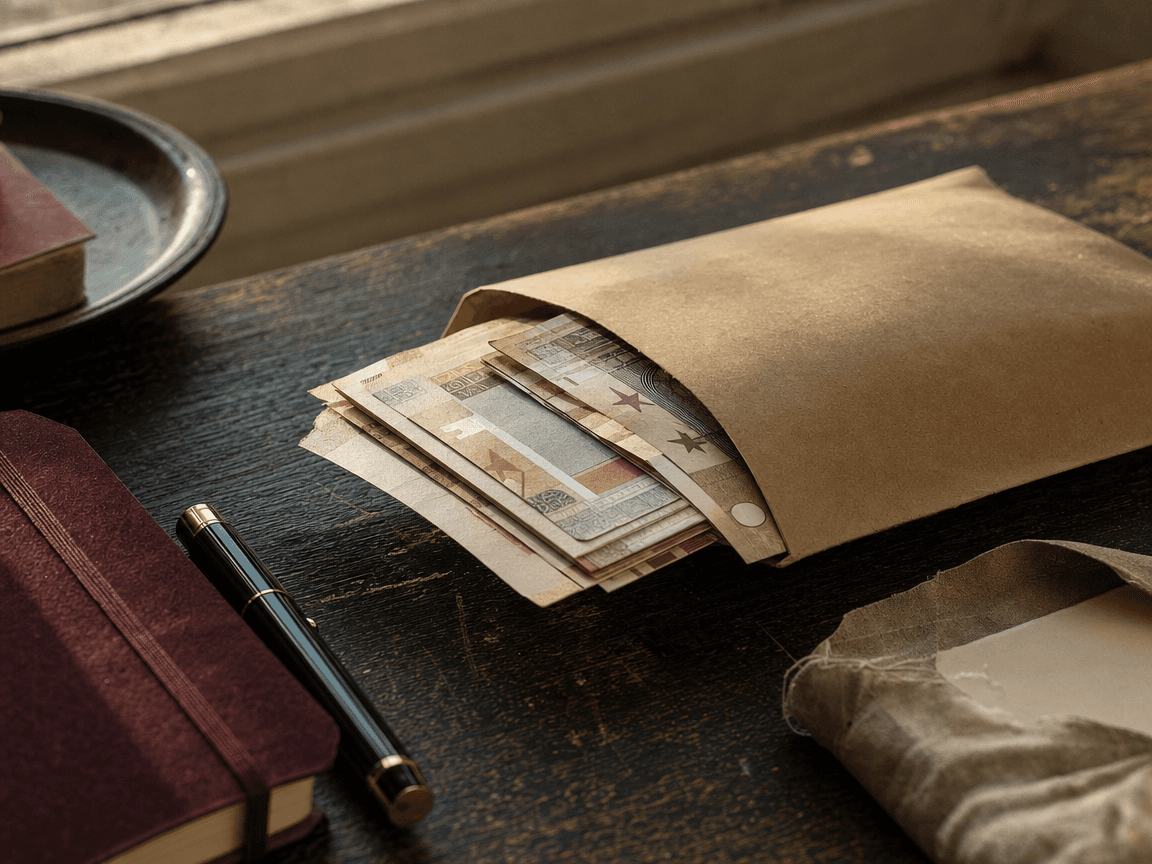 Des billets de banque usés glissent lentement hors d'une enveloppe kraft posée sur une table en bois sombre, éclairés par la lumière rasante d'une fin d'après-midi.