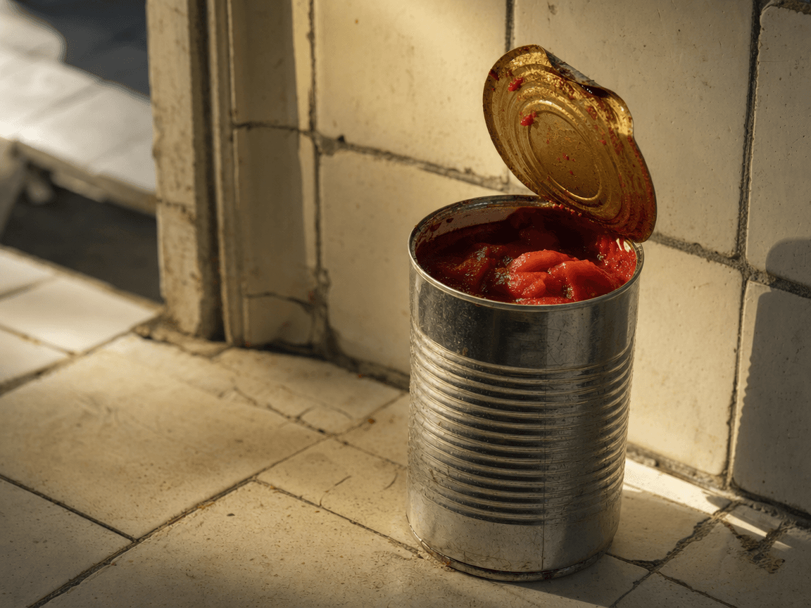 Une boîte de conserve de tomates pelées entrouverte, posée sur le carrelage crème d'une cuisine ancienne, éclairée en lumière rasante de fin d'après-midi, le couvercle relevé laissant voir la pulpe rouge sombre.