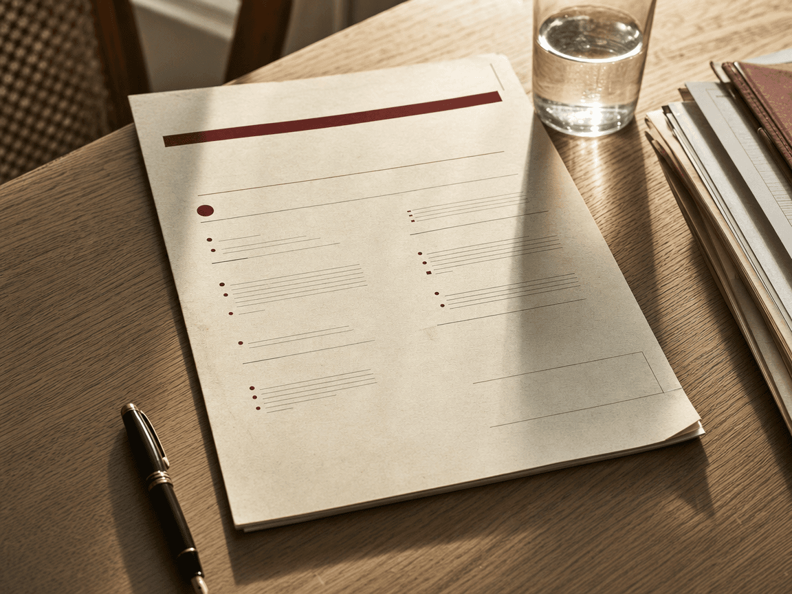Un relevé de carrière imprimé sur papier administratif jauni, posé à plat sur une table en bois clair, éclairé en lumière rasante de fin d'après-midi.