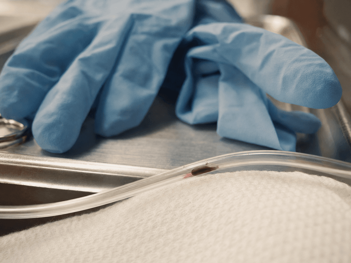 Une paire de gants chirurgicaux bleus posée sur un plateau en acier inoxydable, sous la lumière froide d'un bloc opératoire, avec au premier plan un fragment de tubulure transparente dans laquelle stagne une goutte de sang sombre.