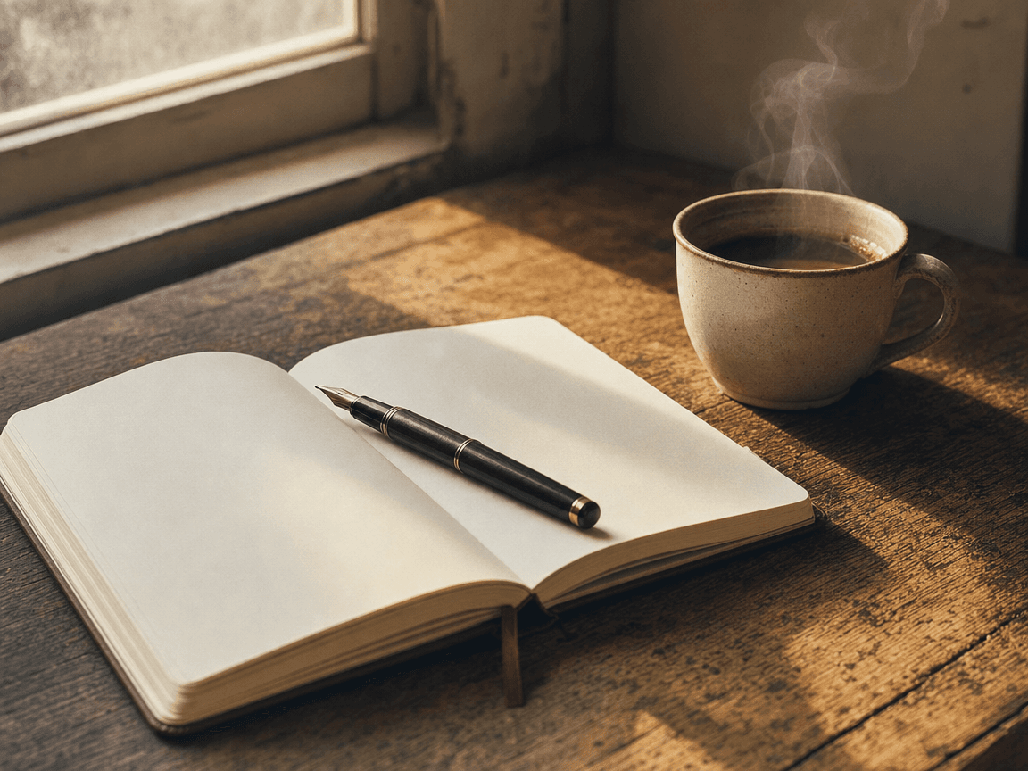 Une table en bois usé près d'une fenêtre à la lumière rasante du matin, avec un carnet ouvert aux pages vierges, un stylo posé en travers et une tasse de café fumante — rien d'autre.