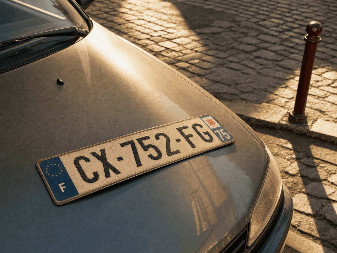 Une plaque d'immatriculation française réfléchissant la lumière dorée d'une fin d'après-midi, posée sur le capot métallique d'une voiture garée dans une rue pavée déserte, photographiée en plongée légère.