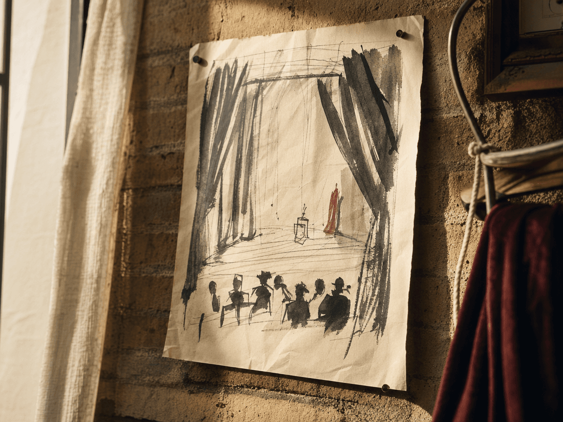 Une affiche de théâtre manuscrite, légèrement cornée, épinglée sur un mur de brique ocre, photographiée en contre-plongée douce dans la lumière rasante d'un couloir de coulisses.