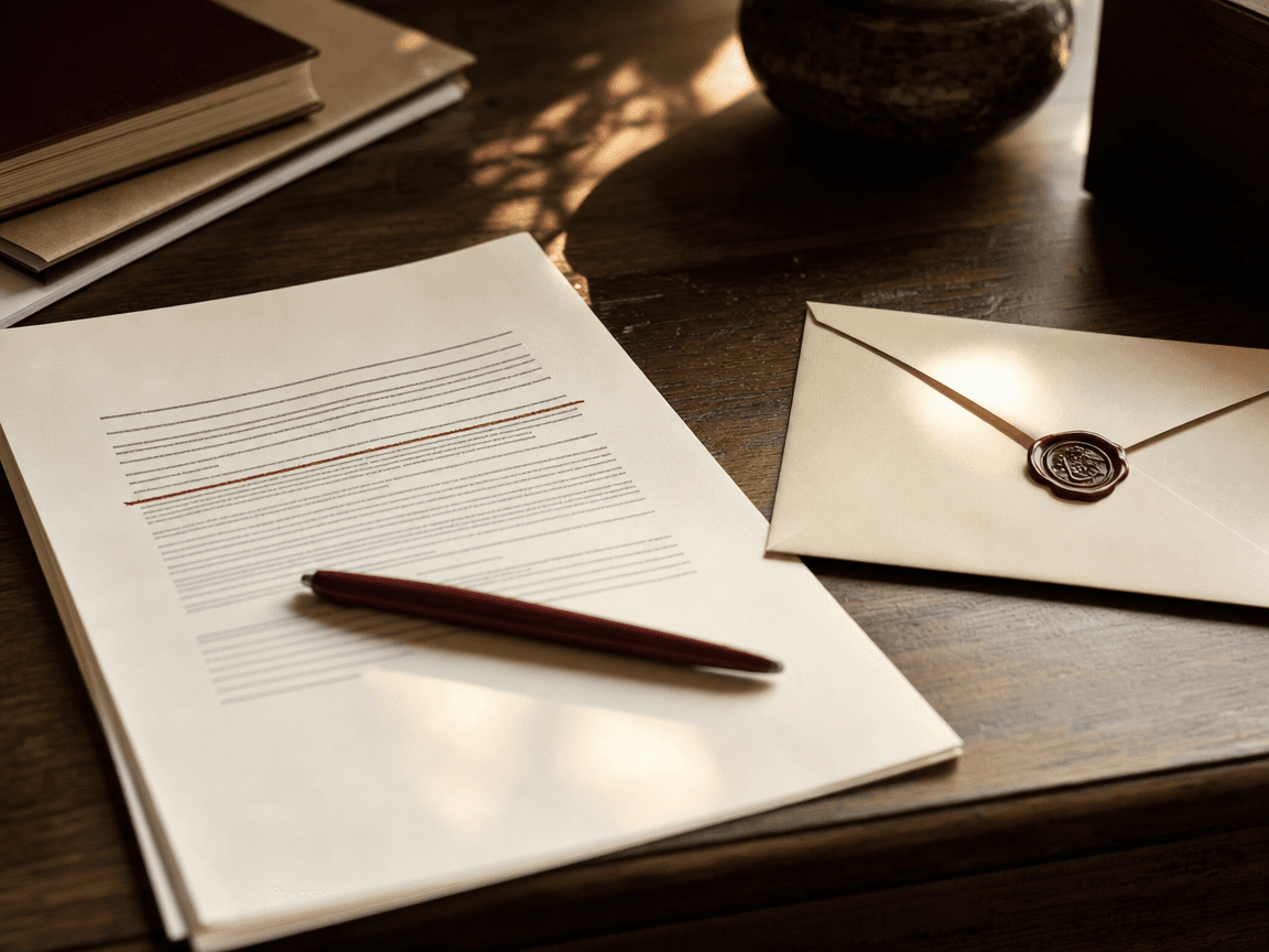Un relevé de carrière imprimé sur papier blanc, posé à plat sur un bureau en bois sombre, avec une ligne de texte barrée d'un trait de stylo rouge et, à côté, une enveloppe cachetée prête à être envoyée — lumière rasante de fin d'après-midi venant d'une fenêtre hors champ.