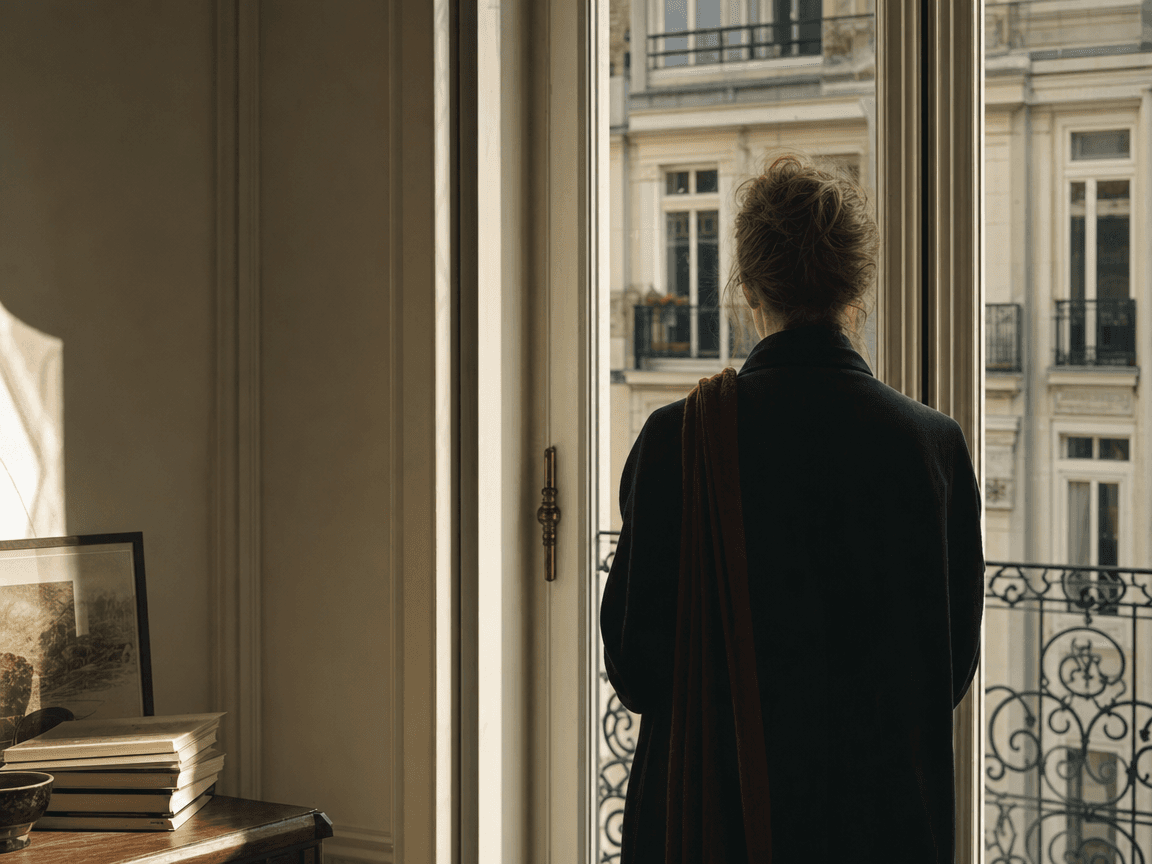 Une femme de dos, manteau sombre, debout face à une grande baie vitrée urbaine, son reflet à peine perceptible dans le verre.