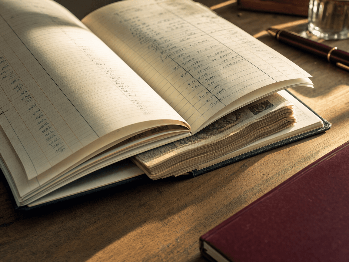 Une liasse de billets glissée entre les pages d'un carnet de comptes posé sur une table en bois, éclairée par la lumière rasante d'une fenêtre en fin d'après-midi.