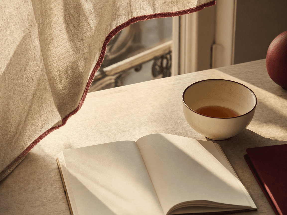 Une tasse de thé à moitié bue posée sur une table en bois clair, à côté d'un carnet ouvert dont les pages sont vierges, baignés dans la lumière dorée d'une fin d'après-midi traversant une fenêtre aux rideaux légèrement soulevés par le vent.