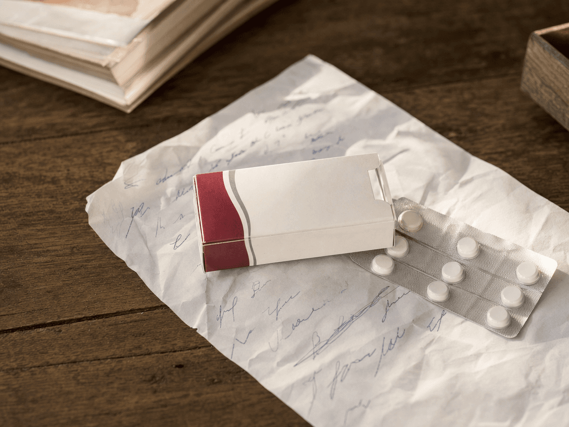 Une boîte de Spasfon posée sur une ordonnance manuscrite froissée, photographiée en lumière rasante de fin d'après-midi sur une table en bois usé.
