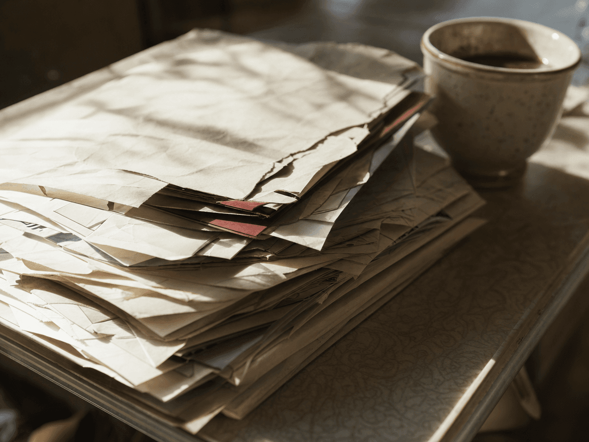 Une liasse de feuillets administratifs froissés posée sur une table en formica, à côté d'une tasse de café refroidie, dans la lumière oblique d'une fin de matinée.