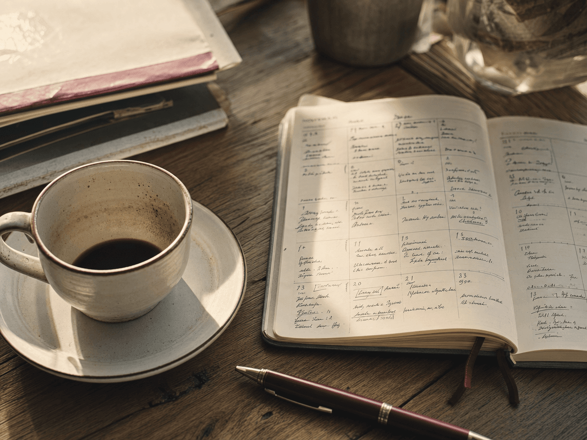Une tasse de café refroidie posée sur une table en bois, à côté d'un agenda ouvert dont les cases sont remplies d'une écriture serrée, dans la lumière oblique d'une fin d'après-midi.