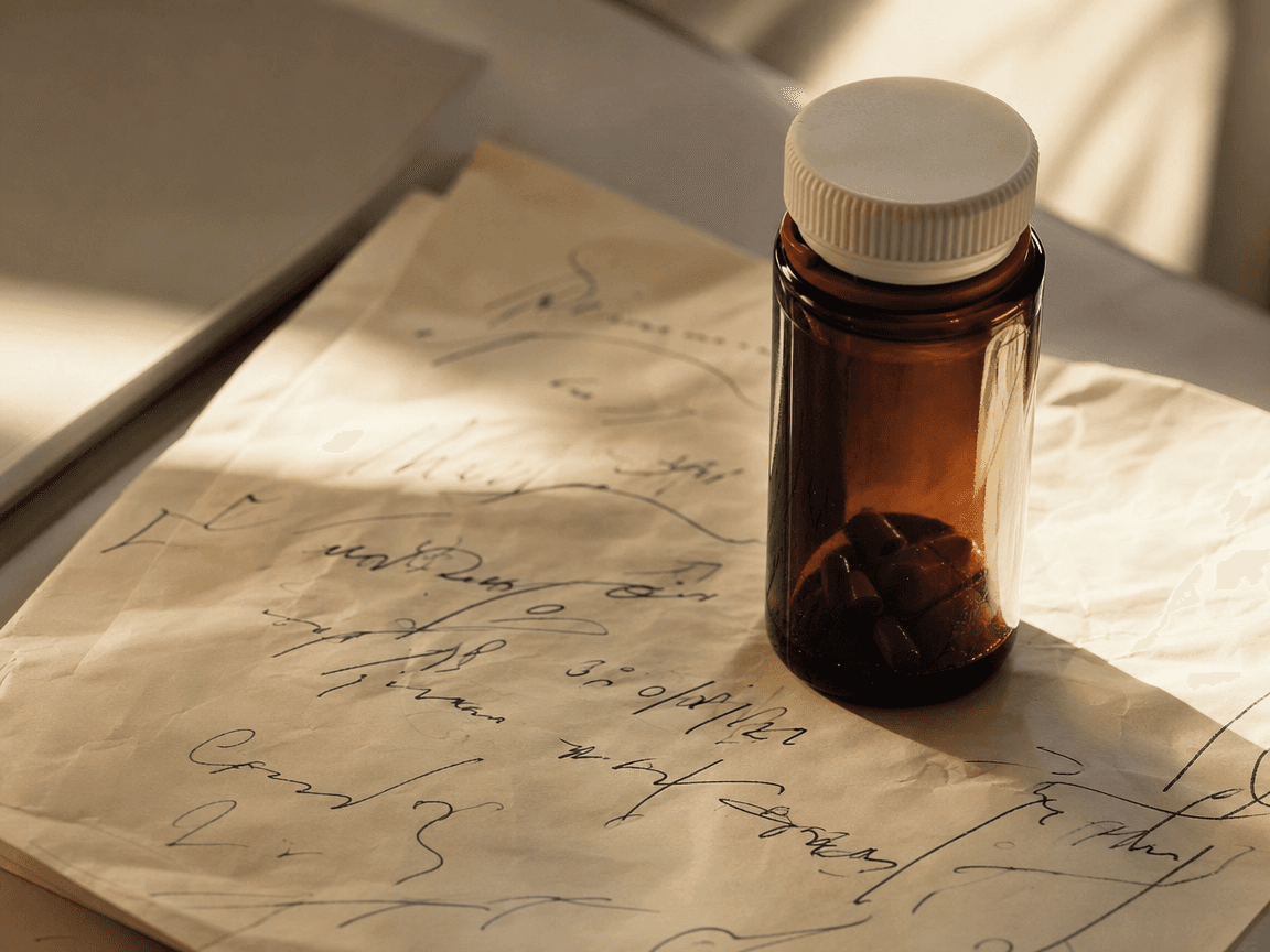 Un flacon de médicament générique posé sur une ordonnance manuscrite froissée, lumière rasante de fin d'après-midi filtrant par une fenêtre de cabinet médical.